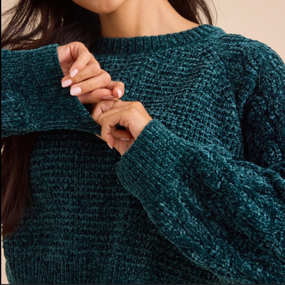 Pink Rose Teal Cable Knit Sweater